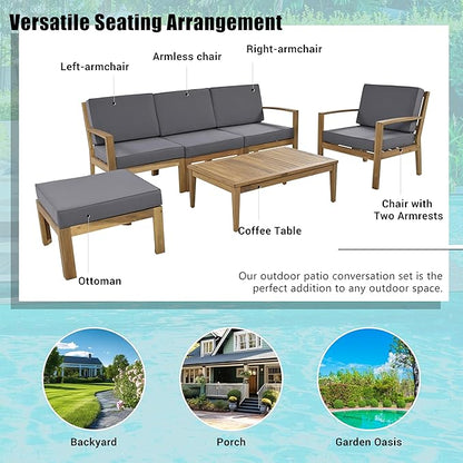 4 Piece Acacia Wood Patio Furniture L-Shaped Outdoor Sectional Sofa Coffee Table, FSC Certified Conversation Set w/Beige Cushions for Garden Backyard - LeafyLoom