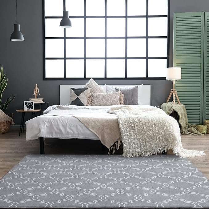 Chicrug Shag Geometric Modern Area Rug for Bedroom, 3x5 Feet Memory Foam Indoor Carpet, Fluffy Rug for Living room Bedside Room Decor for Family Girls Kids Nursery Play Mat, Grey/White - LeafyLoom