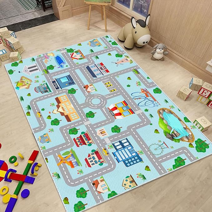 Kids Car Rug, 3' 3" x 5' 3" City Life Traffic Road Playmat for Toy Cars Trains, Non-Slip Race Track Carpet Educational Fun Area Rugs for Boy and Girl Bedroom Nursery - LeafyLoom