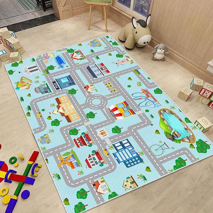 Kids Car Rug, 3' 3" x 5' 3" City Life Traffic Road Playmat for Toy Cars Trains, Non-Slip Race Track Carpet Educational Fun Area Rugs for Boy and Girl Bedroom Nursery - LeafyLoom