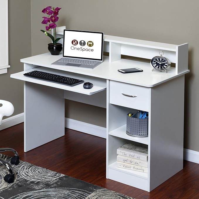 OneSpace Essential Computer Desk, Hutch with Pull-Out Keyboard, White - LeafyLoom