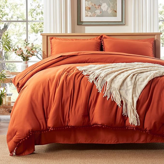 Anluoer King Comforter Set 7 Piece, Burnt Orange Bed in a Bag with Sheets, Pom Pom Boho Bedding Comforter Sets with 1 Comforter, 2 Pillow Shams, 2 Pillowcases, 1 Flat Sheet, 1 Fitted Sheet - LeafyLoom