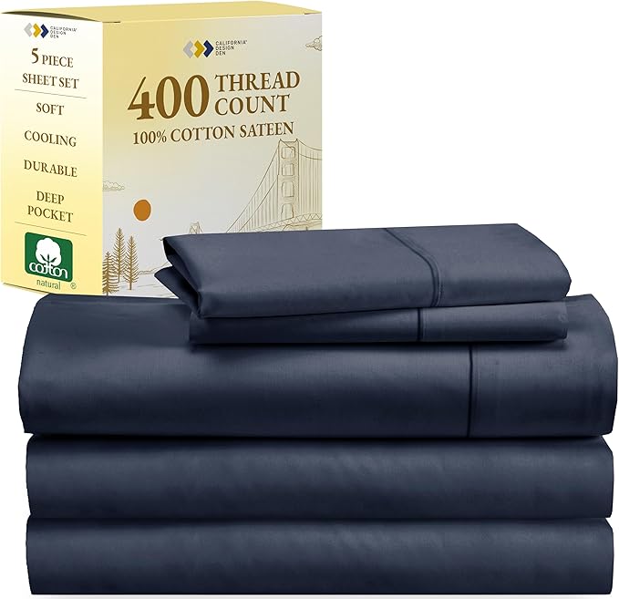 Split King Sheets for Adjustable Bed, Soft 100% Cotton Sheets, 400 Thread Count Sateen, 5 Pc Set - 2 Twin-XL Fitted Sheets, Deep Pocket Sheets, Cooling Sheets, Beats Egyptian Cotton (Indigo Navy Blue) - LeafyLoom