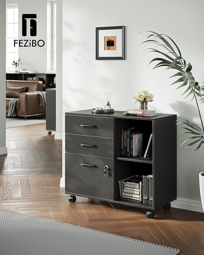 FEZIBO 3-Drawer Mobile File Cabinet, Lateral Filing Cabinet with Lock, Printer Stand with Open Storage Shelves for Home Office, Filing Cabinets for Home Office, Black - LeafyLoom