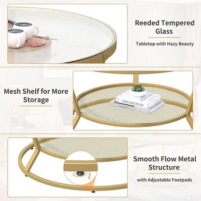 O&K FURNITURE Round Gold Coffee Table, 2-Tier Coffee Table for Living Room, Gold Glass Coffee Table with Ring-Shaped Frames, Center Table for Home&Office, Gold Finish - LeafyLoom