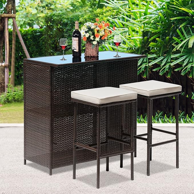 Wicker Patio Furniture 3 Piece Patio Set Chairs Wicker Outdoor Rattan Conversation Sets Bistro Set Coffee Table for Yard or Backyard - LeafyLoom