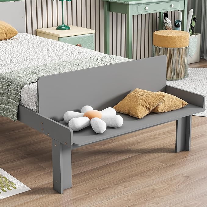 Twin Bed with Footboard Bench, Twin Kid Bed with Headboard, Wood Slat Support, Cute Kid Bed Frame with Book Storage Space, Twin Car Bed for Boys Girls Bedroom, No Box Spring Needed, Grey - LeafyLoom