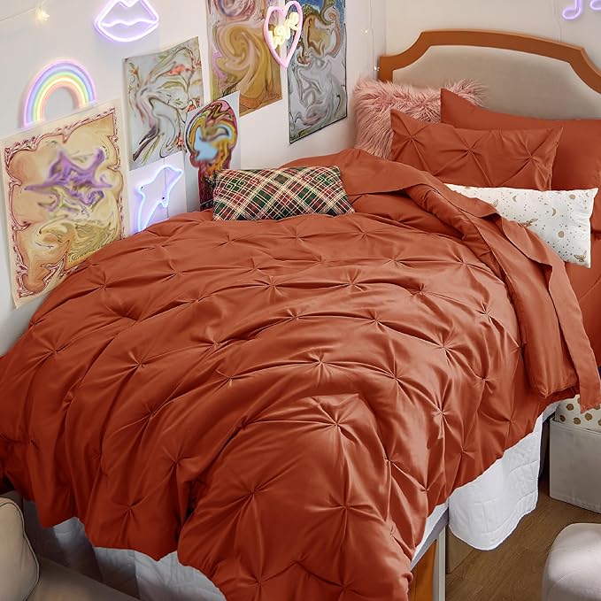 Bedsure Twin Size Comforter Sets - 5 Pieces Pintuck Bed Set Twin Size, Orange Twin Size Bed in a Bag with Comforter, Sheets, Pillowcase & Sham - LeafyLoom