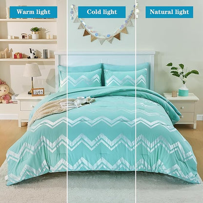 Wowelife 7 Pieces Comforter Set King Size Teal Silver Bedding Set Glitter Kids Bedding Set Blue Bed in a Bag Girls with Comforter, Flat Sheet, Fitted Sheet, 2 Pillow Shams and 2 Pillowcases - LeafyLoom