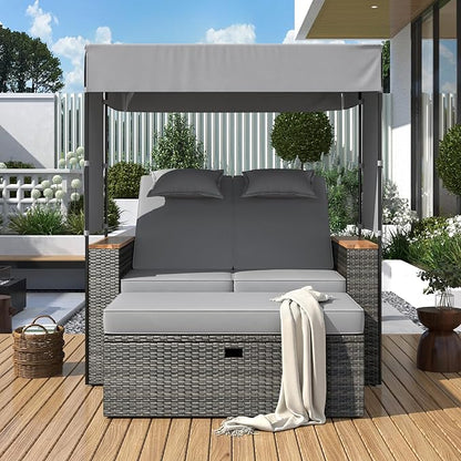 Outdoor Conversation, 2-Piece Patio Bench Rattan Roof Set, Effective UV Protection Waterproof Cushions and Adjustable Backrest for Garden, Backyard and Porch, Zg-Grey Wicker + Grey Fabric - LeafyLoom