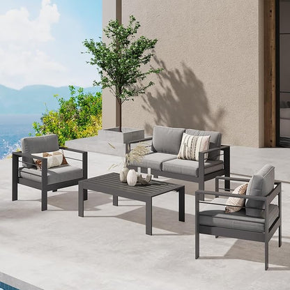 Wisteria Lane Outdoor Patio Furniture Set, 4 Pieces Aluminum Sectional Sofa, Metal Patio Conversation Set with Loveseat, 5 Inch Grey Cushion and Coffee Table (Dark Grey & Grey) - LeafyLoom