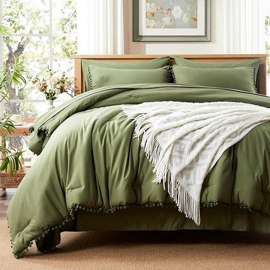 Anluoer Full Comforter Set 7 Piece, Olive Green Bed in a Bag with Sheets, Pom Pom Boho Bedding Comforter Sets with 1 Comforter, 2 Pillow Shams, 2 Pillowcases, 1 Flat Sheet, 1 Fitted Sheet - LeafyLoom