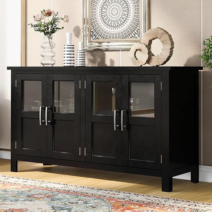 Merax Farmhouse Sideboard Buffet Cabinet with Storage, 4 Door Wood Cupboard w/Adjustable Shelves, Console Table for Kitchen, Dining/Living Room, Black - LeafyLoom