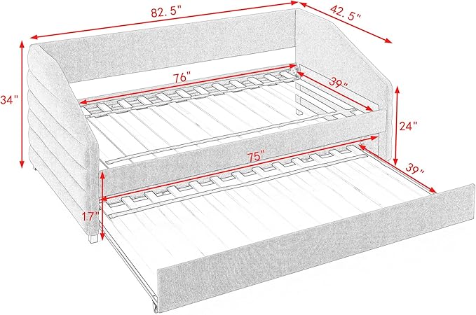 Linen Upholstered Twin Size Daybed with Twin Size Trundle, Solid Wood Tufted Sofa Bed Frame for Bedroom, Guest Room, Dorm, No Box Spring Needed, Space-Saving Design, Grey - LeafyLoom