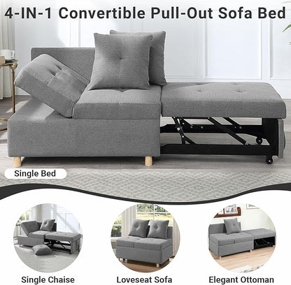 4-in-1 Convertible Sleeper Sofa, Single Pull Out Couch Chair with 6-Level Adjust Backrest Loveseat with Storage and Pillows, Modern Recliner for Living Room Apartment Office, Grey - LeafyLoom