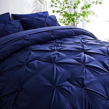 Ubauba 7pc Dark Blue King Comforter Set with Sheets, 7 Piece Pinch Pleating Bed in a Bag Royal Blue Bedding Comforters & Sets, Soft Fluffy Pintuck Bed Set (Navy,King) - LeafyLoom