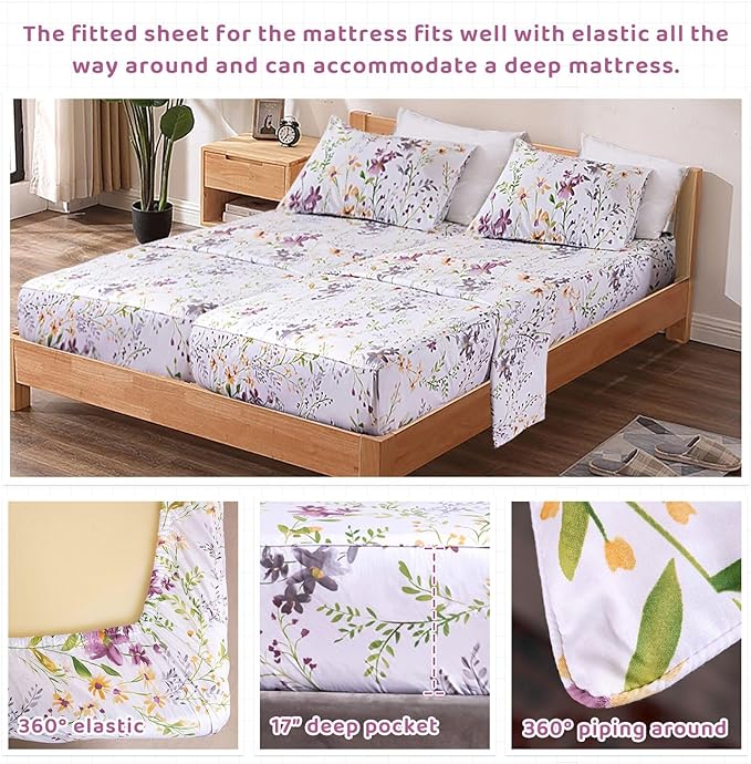 QSH 100% Cotton Sheets for Split King Size Bed - Floral Plant Pattern Botanical Luxury Cotton Printed Floral Bedding King Size Sheet with Deep Pockets 17" Soft and Breathable 5pcs - LeafyLoom