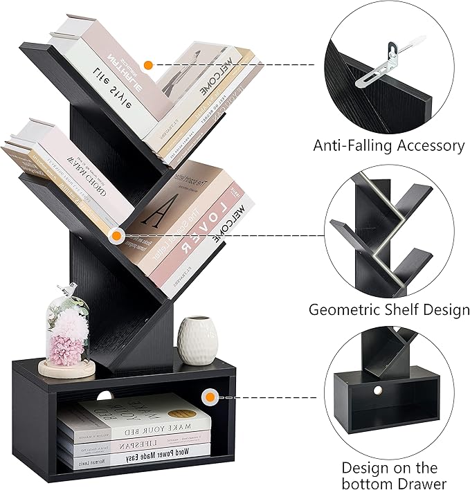 Hoctieon 3 Tier Tree Bookshelf, Small Bookcase with Drawer, Desktop Book Shelf, Display Floor Standing Storage Shelf, Book Organizer Shelves for Home Office, Black - LeafyLoom