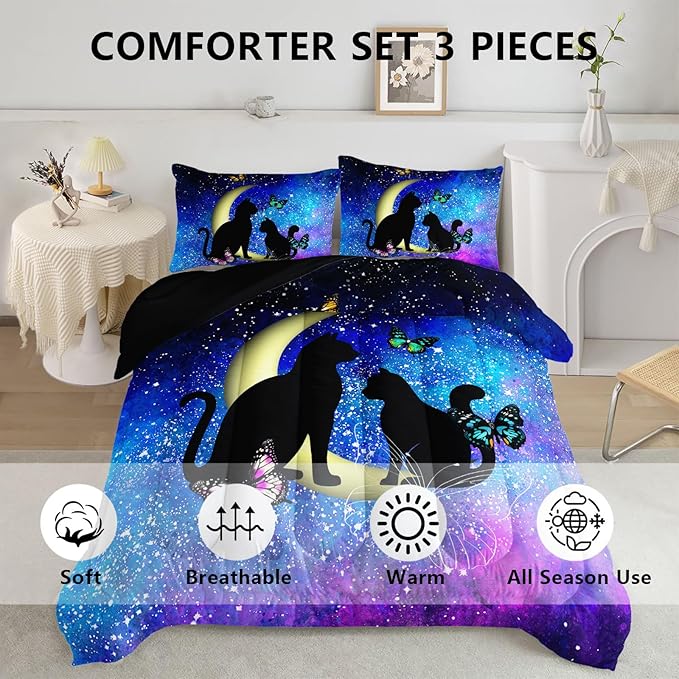 Black Cat Bedding Cartoon Cat Comforter Set Full,Butterflies Moon Printed Kids Bedding Set for Kids Boys Girls Adults Teens,Kids Comforter Set All Season,1 Quilt 2 Pillow Cases,Blue - LeafyLoom