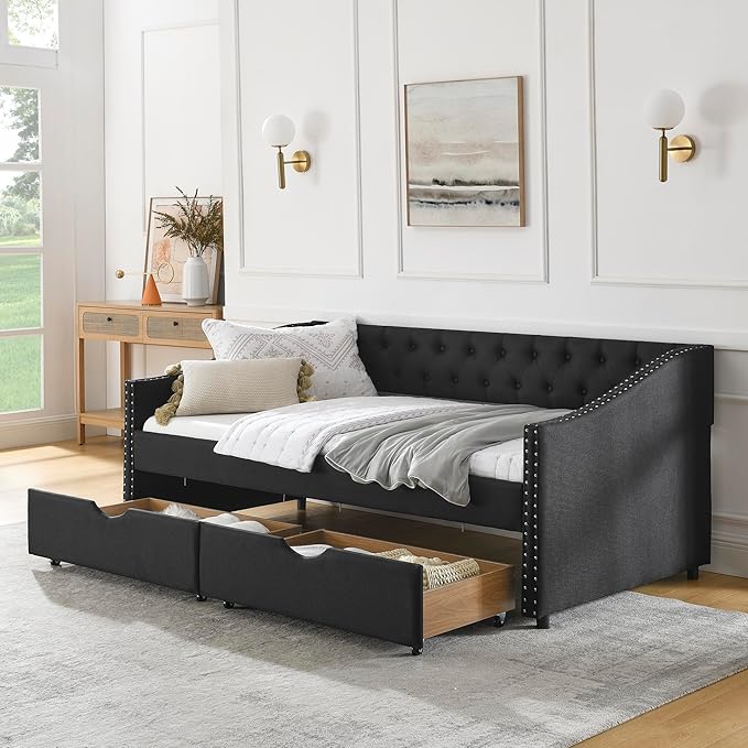 RITSU Twin Size Mid-Century Daybed, 2 Storage Drawers,Linen Button Upholstered Tufted Sofa Bed, Copper Nail on Waved Shape Arms, No Box Spring Needed,for Bedroom, Livingroom, Black, 81.50 - LeafyLoom