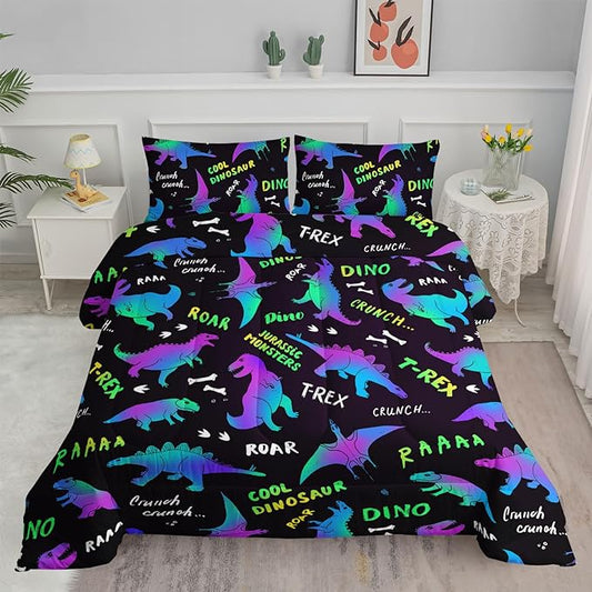 Axolotl Cartoon Dinosaur Bedding Set,Full Size Kids Bed Set,Gradient Dinosaur Comforter Set,1 Quilt with 2 Pillowcases for Boys Girls Kids Teens Children Adults Room Decor All Season,Black - LeafyLoom