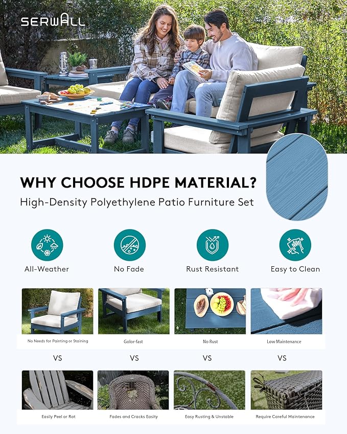 SERWALL HDPE Patio Coversation Set, 7-piece Outdoor Sectional Sofa Set, All Weather Patio Couch Set Patio Furniture for Balcony, Deck, Navy Frame with Khaki Cushion - LeafyLoom