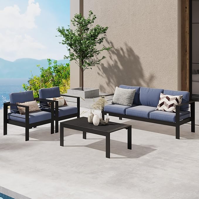 Wisteria Lane Aluminum Outdoor Patio Furniture Set, 4 Pcs Modern Outdoor Conversation Set Sectional Sofa with Upgrade Cushion and Coffee Table for Balcony,Black Frame and Blue Cushion - LeafyLoom