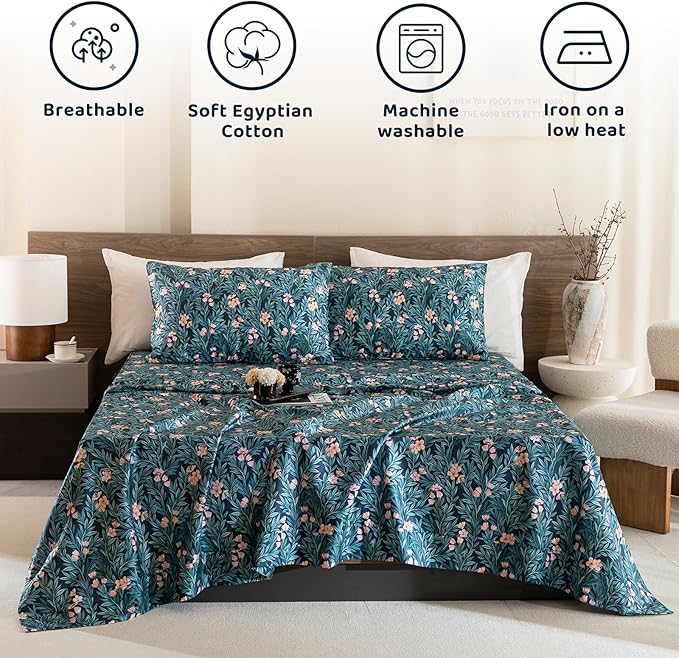 QSH Floral Egyptian Cotton Sheets King Size - Floral Bedding Sheets Botanical Pattern Printed Bedding King Size Bed Sheets 17.5" Extra Deep Pocket 4pcs - LeafyLoom