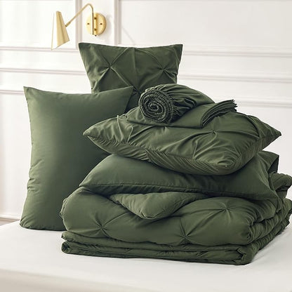 Bedsure Twin Comforter Set with Sheets - 5 Pieces Twin Bedding Sets, Pinch Pleat Olive Green Twin Bed in a Bag with Comforter, Sheets, Pillowcase & Sham - LeafyLoom