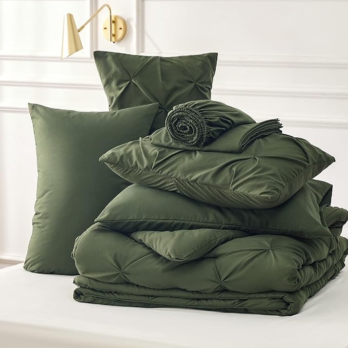 Bedsure California King Comforter Set - Cal King Bed Set 7 Pieces, Pinch Pleat Olive Green Cali King Bedding Set with Comforter, Sheets, Pillowcases & Shams - LeafyLoom