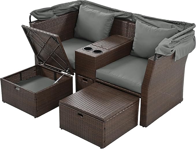 2-Seater Outdoor Patio Convertible Sunbed, All Weather Rattan Double Daybed Couch Foldable Awning, Cushions and Storage Boxes, Loveseat Sofa Set for Garden, Poolside, Balcony, Ab-Aa-Grey - LeafyLoom