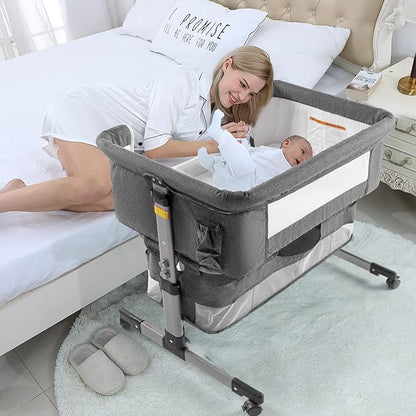 Bedside Sleeper Bedside Crib, Baby Bassinet 3 in 1 Travel Baby Crib Baby Bed with Breathable Net,Adjustable Portable Bed for Infant/Baby(Deep Grey) - LeafyLoom