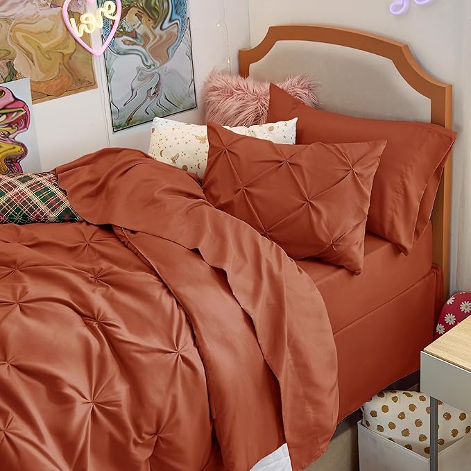 Bedsure Twin Size Comforter Sets - 5 Pieces Pintuck Bed Set Twin Size, Orange Twin Size Bed in a Bag with Comforter, Sheets, Pillowcase & Sham - LeafyLoom