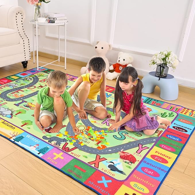 Terrug Kids Rugs for Playroom, Educational Classroom Rug for Kids Room, Washable Nursery Rug Carpet Non Slip Playroom Rug Play Mat for Learning ABC Rug, Numbers, Animal, Colors, Season, 4X6 Feet - LeafyLoom