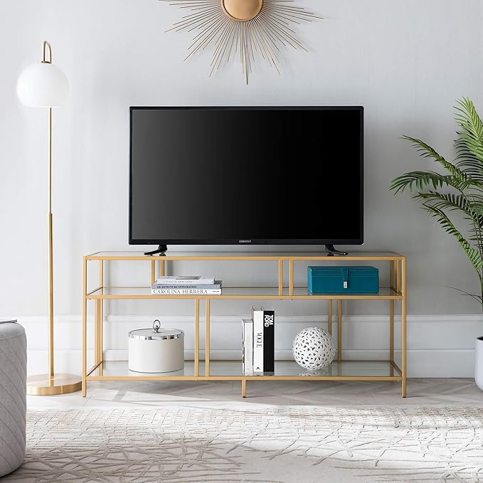 Henn&Hart Rectangular TV Stand with Glass Shelves for TV's up to 60" in Brass, TV Stands for the Living Room - LeafyLoom