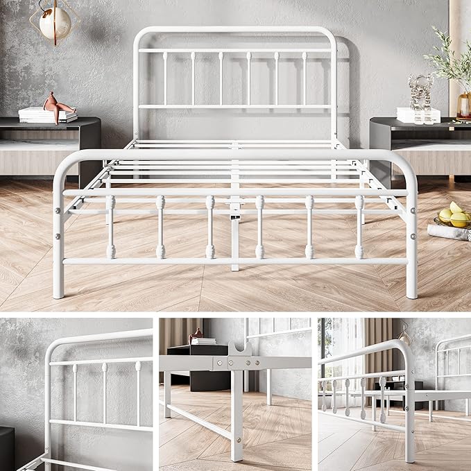 Vintage Full Size Bed Frame with Headboard and Footboard Mattress Heavy Duty Metal Platform Bed Frame Steel Slat Support (Full, White) - LeafyLoom