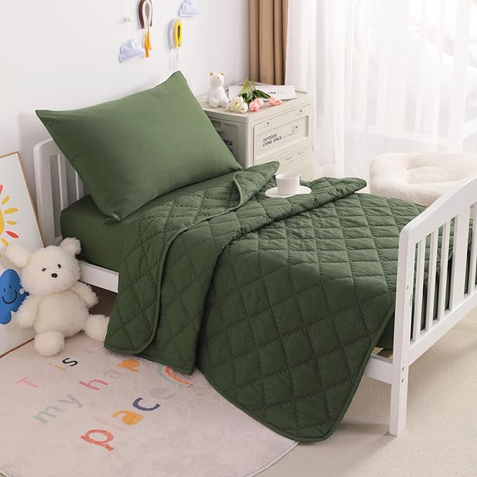 NTBAY Toddler Bedding Set - 4 Piece Soft and Breathable Crib Bedding Set for Boys and Girls, Includes Quilted Comforter, Fitted Sheet, Flat Top Sheet and Envelope Pillowcase, Olive Green - LeafyLoom