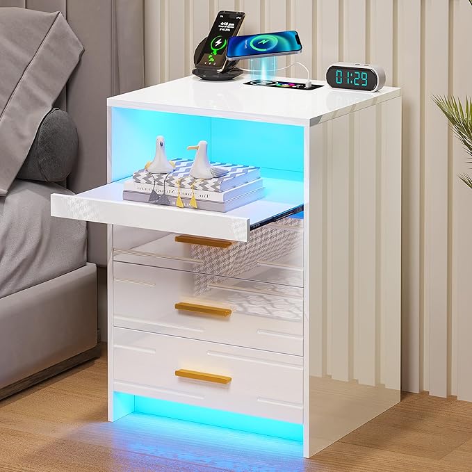 HNEBC RGB LED Nightstand with Wireless Charging Station, Smart Night Stand with 3 Drawers and Sliding Tray, Modern Bedside Table for Bedroom Furniture, High Gloss End Sofa Tables (B White) - LeafyLoom