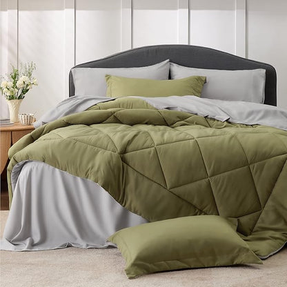 Bedsure Olive Green California King Size Comforter Set - 7 Pieces Reversible Cal Bed in a Bag Bed Set with Comforters, Sheets, Pillowcases & Shams, California King Bedding Sets - LeafyLoom