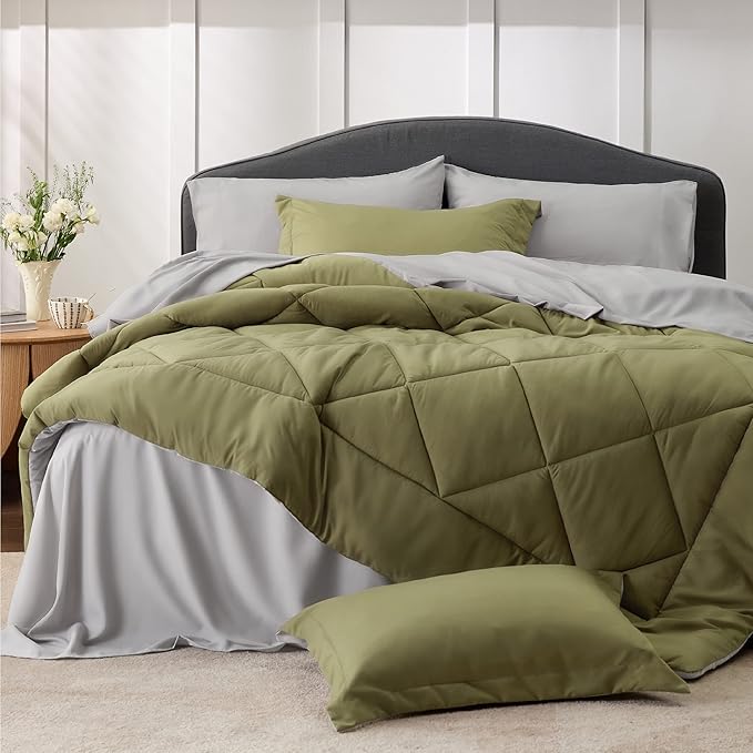 Bedsure Olive Green Full Size Comforter Set - 7 Pieces Reversible Full Bed in a Bag Full Bed Set with Comforters, Sheets, Pillowcases & Shams, Full Bedding Sets - LeafyLoom