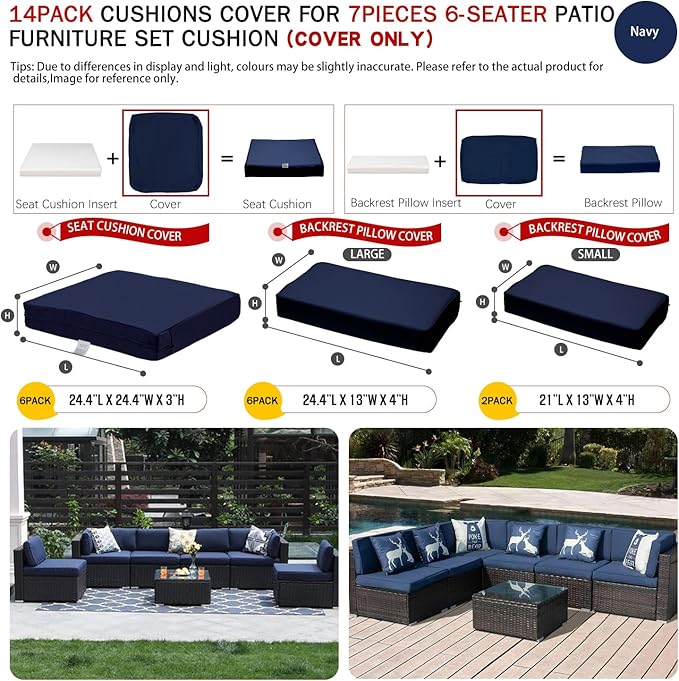 ClawsCover 14Pack Outdoor Patio Seat and Back Cushions Replacement Covers Fit for 7Pieces 6-Seater Wicker Rattan Sectional Couch Chair Furniture Set,Navy-Include Cover Only (Small) - LeafyLoom