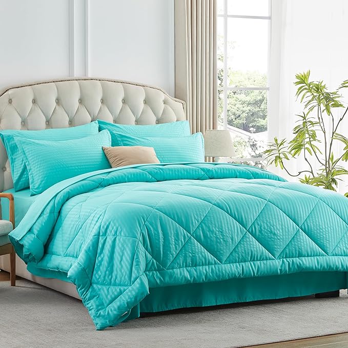 NexHome Turquoise King Bed in a Bag 7-Pieces Comforter Sets with Comforter and Sheets Soft All Season Bedding Sets with Comforter, Pillow Shams, Flat Sheet, Fitted Sheet and Pillowcases - LeafyLoom