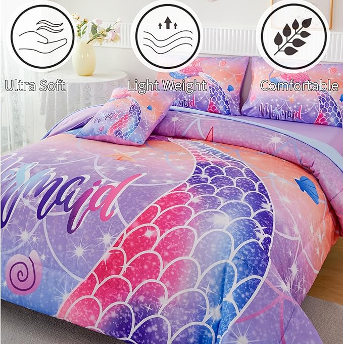 RYNGHIPY Full Bed in a Bag for Kids Teens Girls 6 Pieces, Soft Bedding for All Seasons, Cute Mermaid Tail Kids Bedding Set, Leightweight Girls Fluffy Bed Set - LeafyLoom