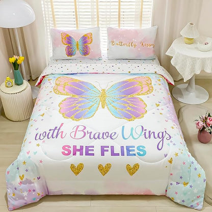 Twin Size Comforter Set for Girls, 5-Piece Bed in a Bag, 3D Colorful Butterfly Bedding Comforter Sheet Set, Ultra Soft and Fluffy, Pink & Rainbow Color - LeafyLoom