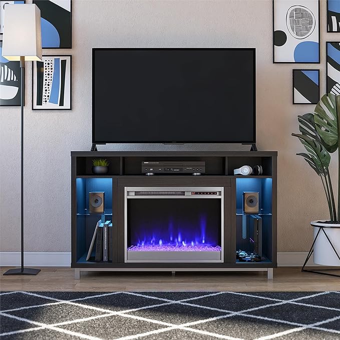 Ameriwood Home Lumina Fireplace TV Stand for TVs up to 48 Inch, Replaceable Electric Fireplace Insert Heater, Remote Control, Timer, Color Changing LED Lights, Crystal Ember Flames, Black Oak - LeafyLoom