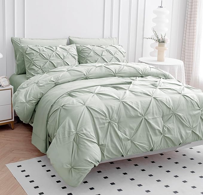 LANE LINEN King Size Comforter Set, 7 Piece Bed in a Bag King Size Set, Pintuck King Bed Set, Soft King Bedding Set, Pinch Pleated King Size Comforter Set with Sheets, Pillowcases & Shams - Mineral - LeafyLoom