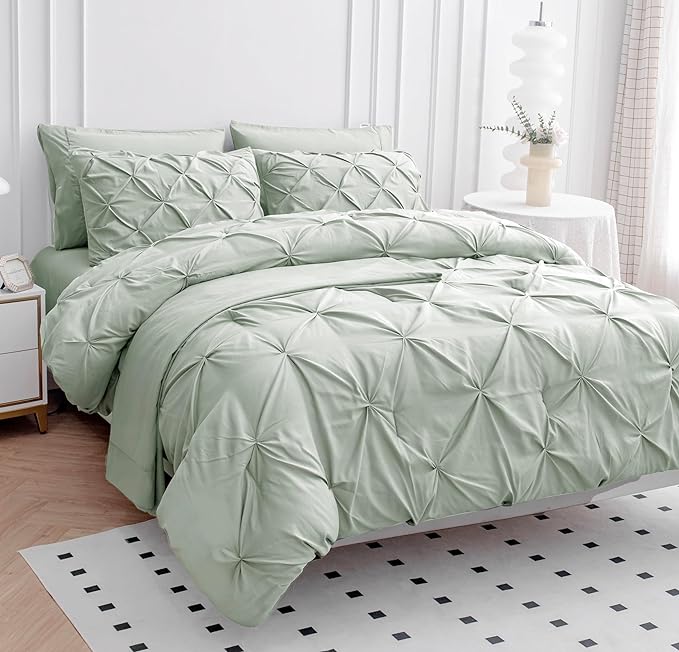 LANE LINEN California King Comforter Set, 7 Piece Cal King Bed in a Bag, Pintuck Cal King Bedding Set, Soft Cali King Bed Set, Cal King Bed Comforter Sets with Sheets, Pillowcases & Shams - Mineral - LeafyLoom