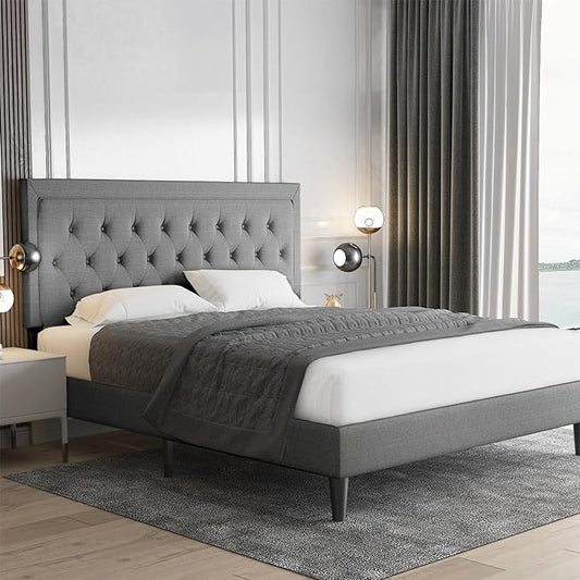 Allewie Queen Size Bed Frame Upholstered Platform Bed with Adjustable Headboard, Button Tufted, Wood Slat Support, Easy Assembly, Light Grey - LeafyLoom