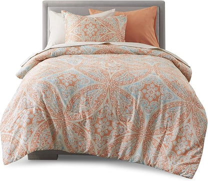 Comfort Spaces Bed in A Bag - Trendy Casual Design Cozy Comforter with Complete Sheet Set with Side Pocket, All Season Cover, Matching Shams, Twin(66"x90"), Gloria, Damask Coral 6 Piece - LeafyLoom