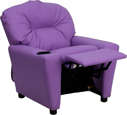 Flash Furniture Chandler Vinyl Kids Recliner with Cup Holder and Safety Recline, Contemporary Reclining Chair for Kids, Supports up to 90 lbs., Lavender - LeafyLoom